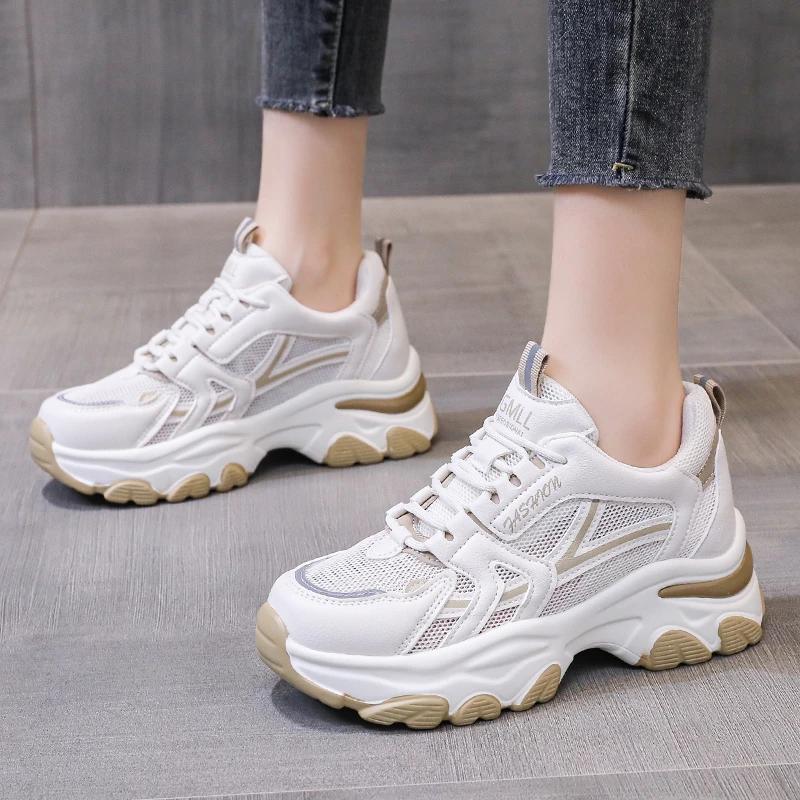 Women's Fashion Lace-up Casual Sneakers Lightweight Soft Sole Running Shoes 6CM Thick Soled Mesh Breathable Sports Shoes