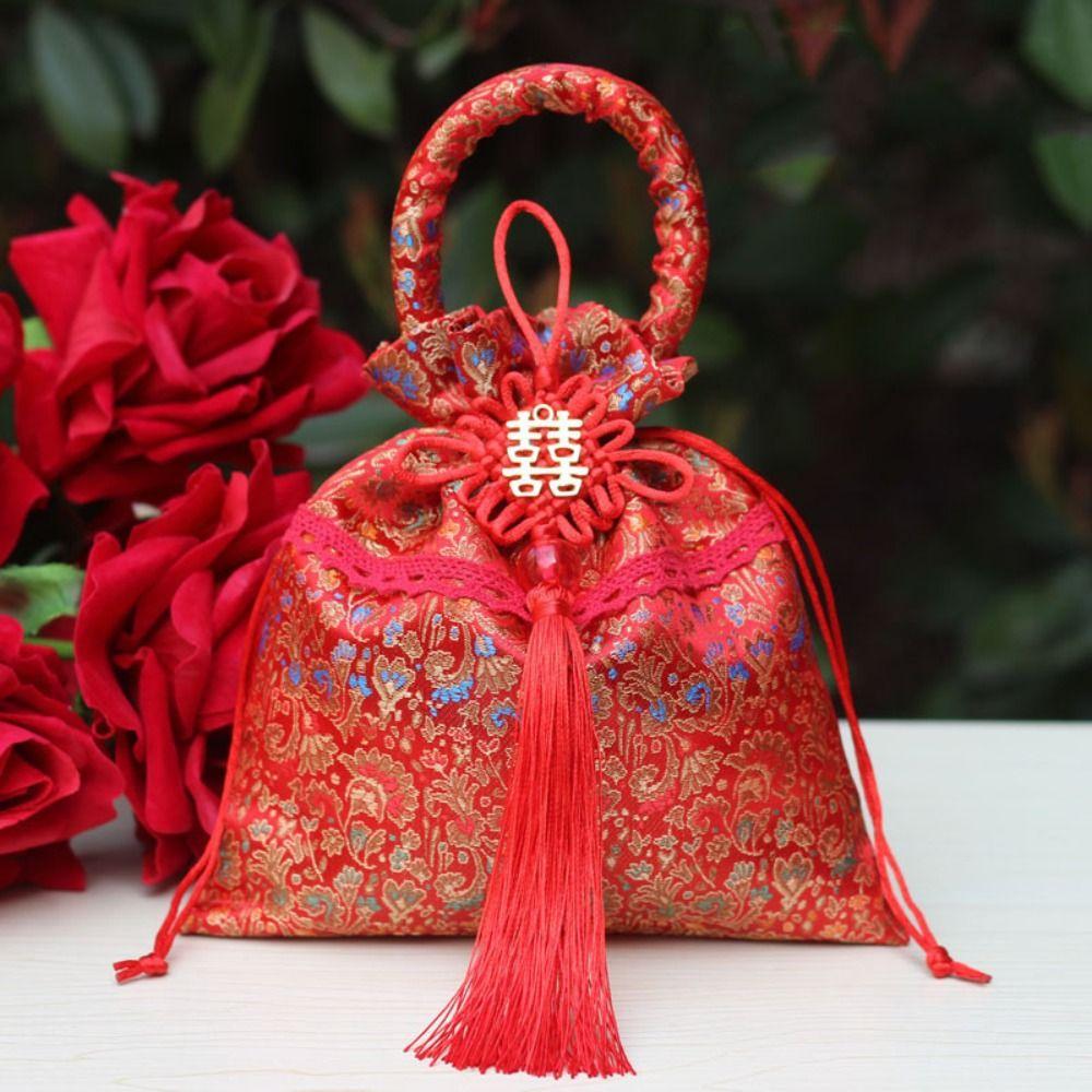 Chinese Style Flower Drawstring Bag Candy Storage Festive Sugar Bag Canvas Tassel Handbag Party