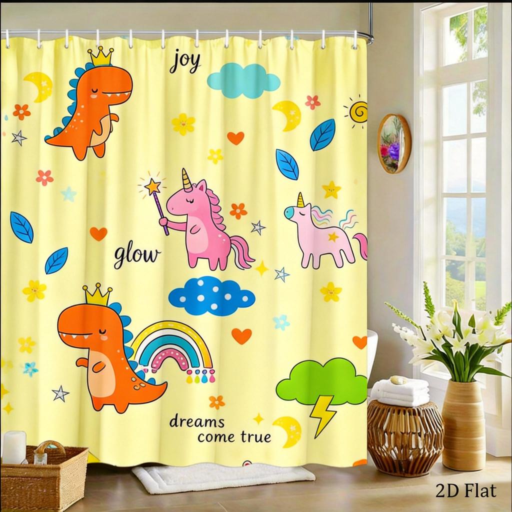 Kids Fantasy Shower Curtain 1pc Dinosaur, Unicorn & Rainbow Pattern, Playful Bath Curtain for Children's Room and Nursery Decor