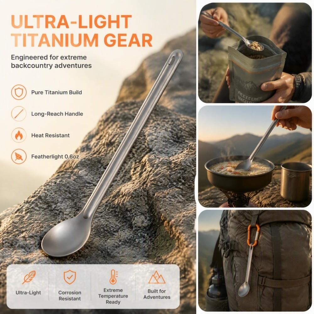 Durable Camping Spork Titanium Backpacking Spoon Portable Long Handle Utensil  Travel