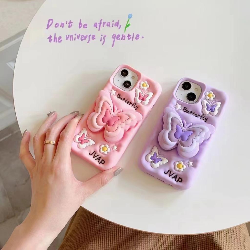 Cute 3D Pink Butterfly Silicone Phone Case For iPhone 16 15 14 13 12 11 Pro Xs Max X Xr Lovely Shockproof Soft Cover
