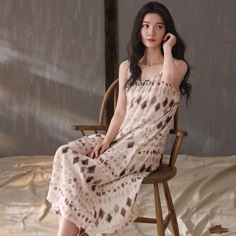 2026 Spring/Summer Women s Loose V-neck Lyocell Camisole Nightgown Skirt - Breathable, Wearable Outside Home Size XL