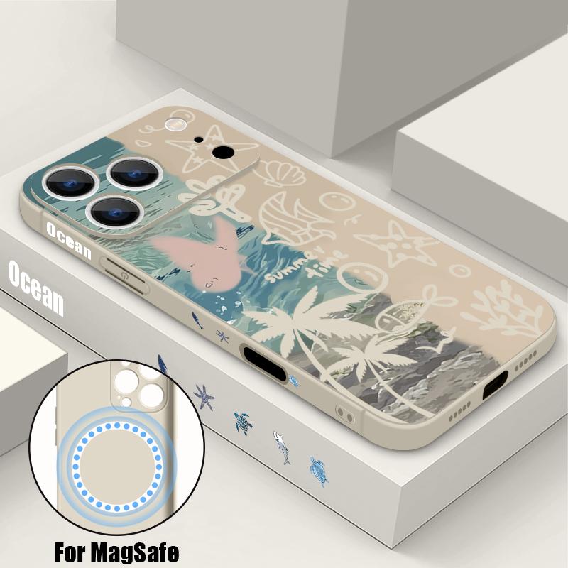 Contrast Color Cartoon Fish Conch Pattern Case For iPhone 16 Pro Max Magnetic For Magsafe Soft Cover For iPhone 17 15 14 13 Pro Max 17E 16E