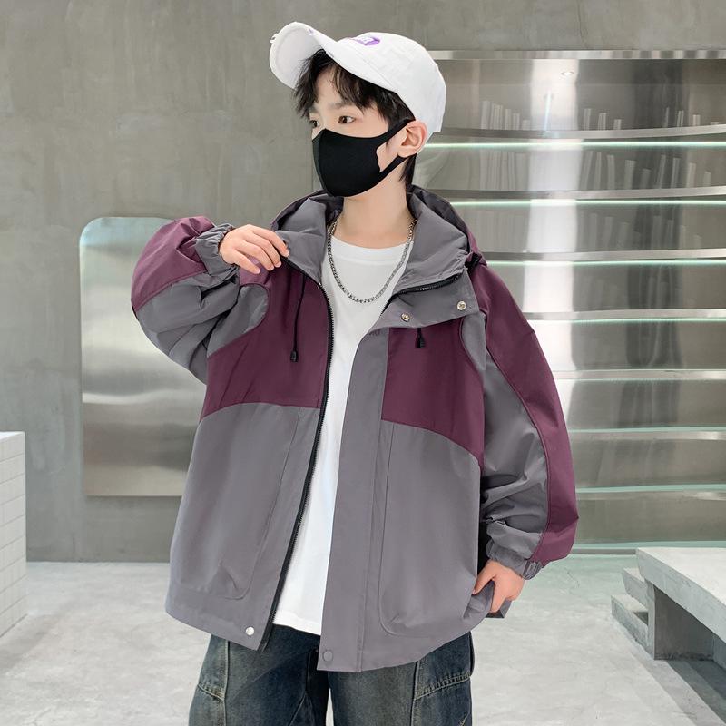 

Boys Color Block Hooded Windbreaker 2025 - Spring & Autumn Kidswear Jacket Size 150 (Height ~140 cm)