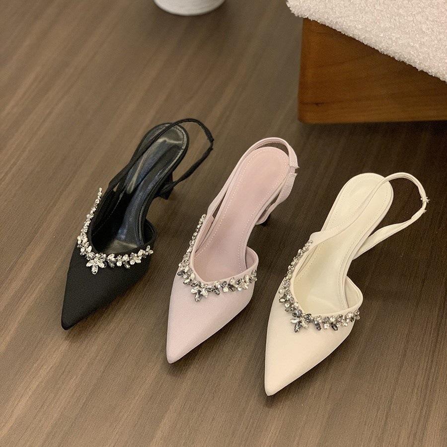 Niche Pointed High Heels Black Rhinestone Bag Head Sandals Fairy Shoes Temperament Single Shoes