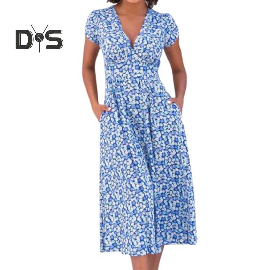 

Платье миди в стиле бохо с V-образным вырезом, короткими рукавами, высокой талией, женским платьем с карманами, струящимся подолом, платье А-силуэта M