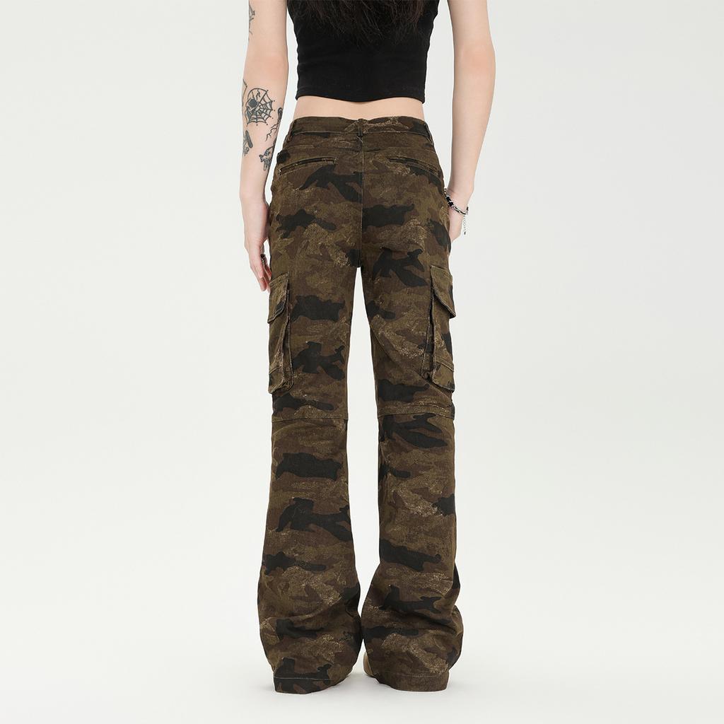 Ladies' American Vintage Camouflage Micro Flared Work Pants, Retro Trendy Brand Slim Fit Camouflage Work Pants