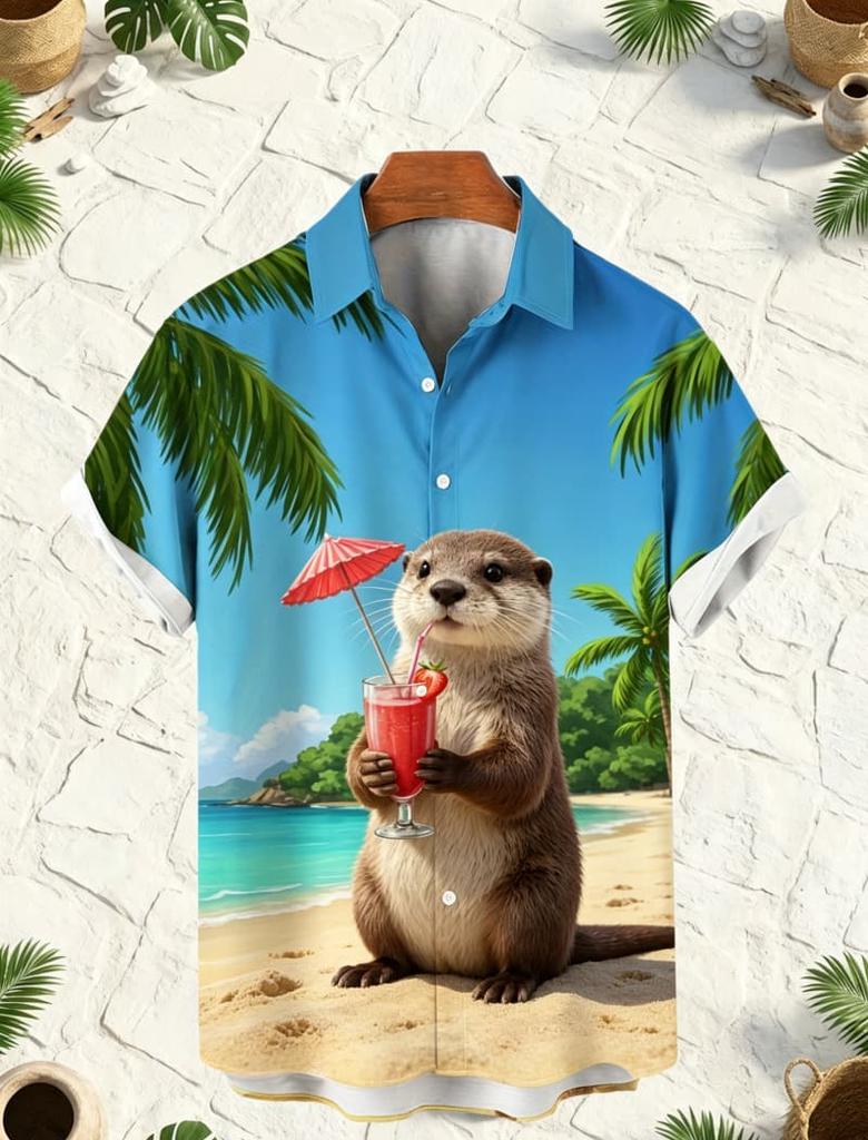 Men's Beach Anthropomorphic Animal Printed Short Sleeved shirt, Suitable For Beach Vacations And Summer Travel