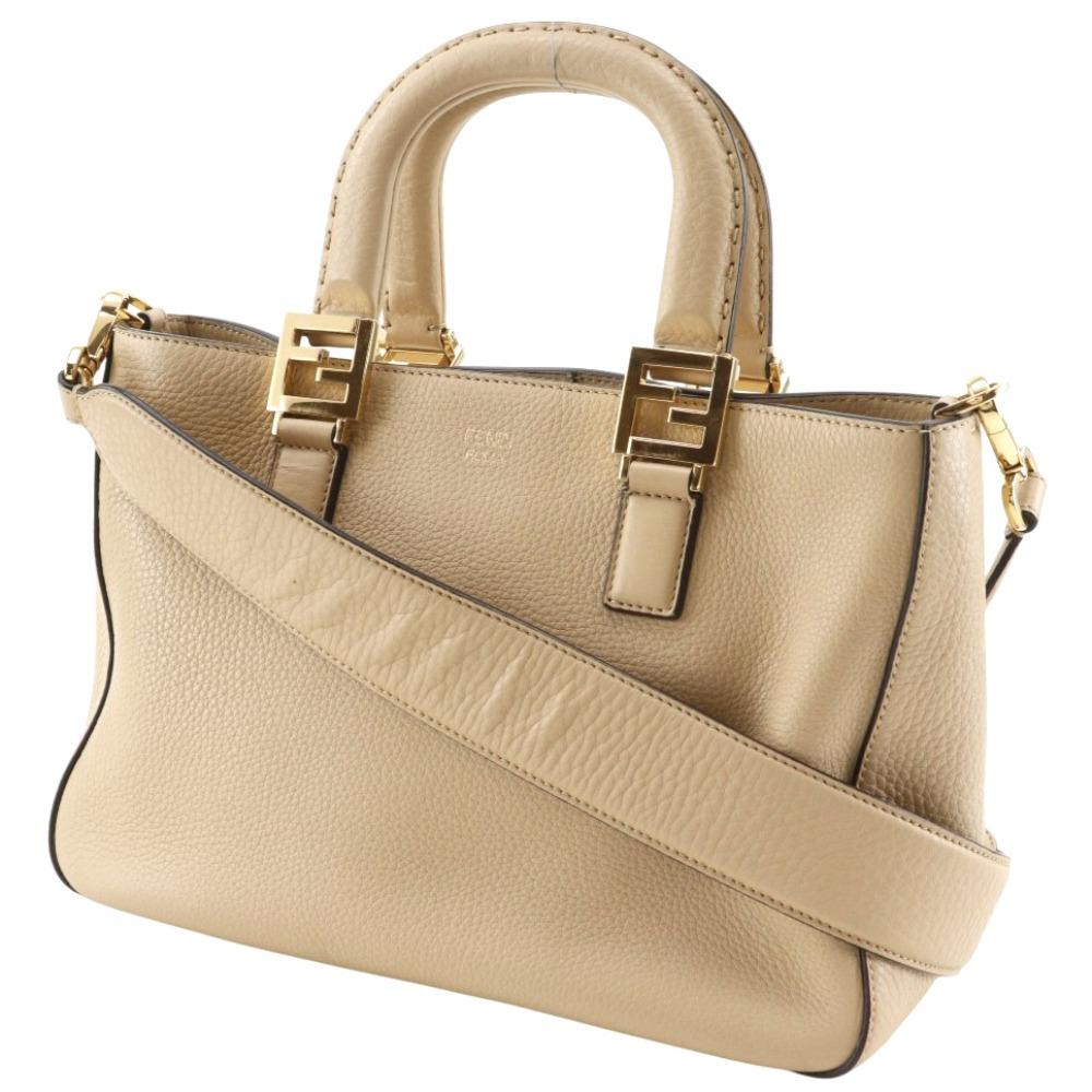 FENDI FF Tote Small Handbag 8BH367 2WAYShoulder beige Calfskin Women Used