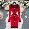 French high-end small fragrance fashionable contrasting colors square neck pearl buckle slim-fit dress women's waist-wrapped hip-wrapped knitted skirt