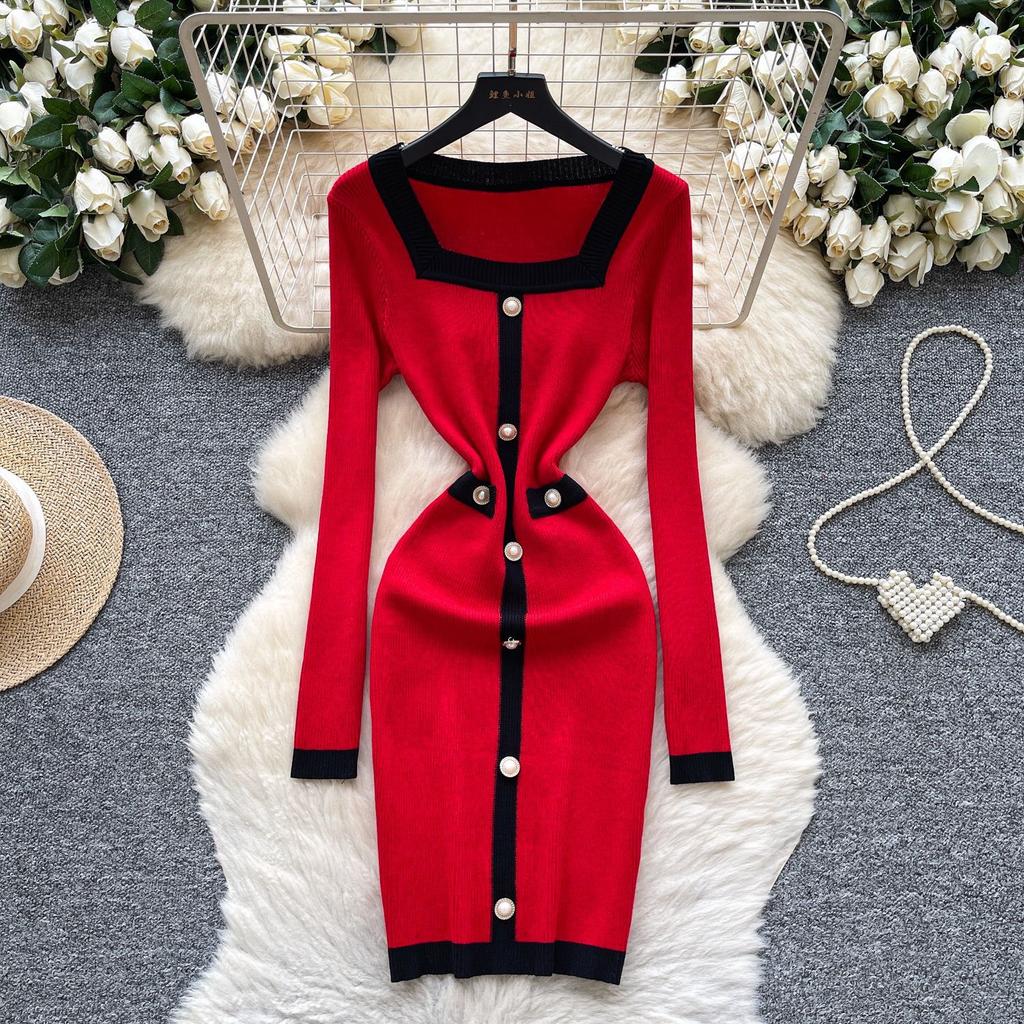French high-end small fragrance fashionable contrasting colors square neck pearl buckle slim-fit dress women's waist-wrapped hip-wrapped knitted skirt