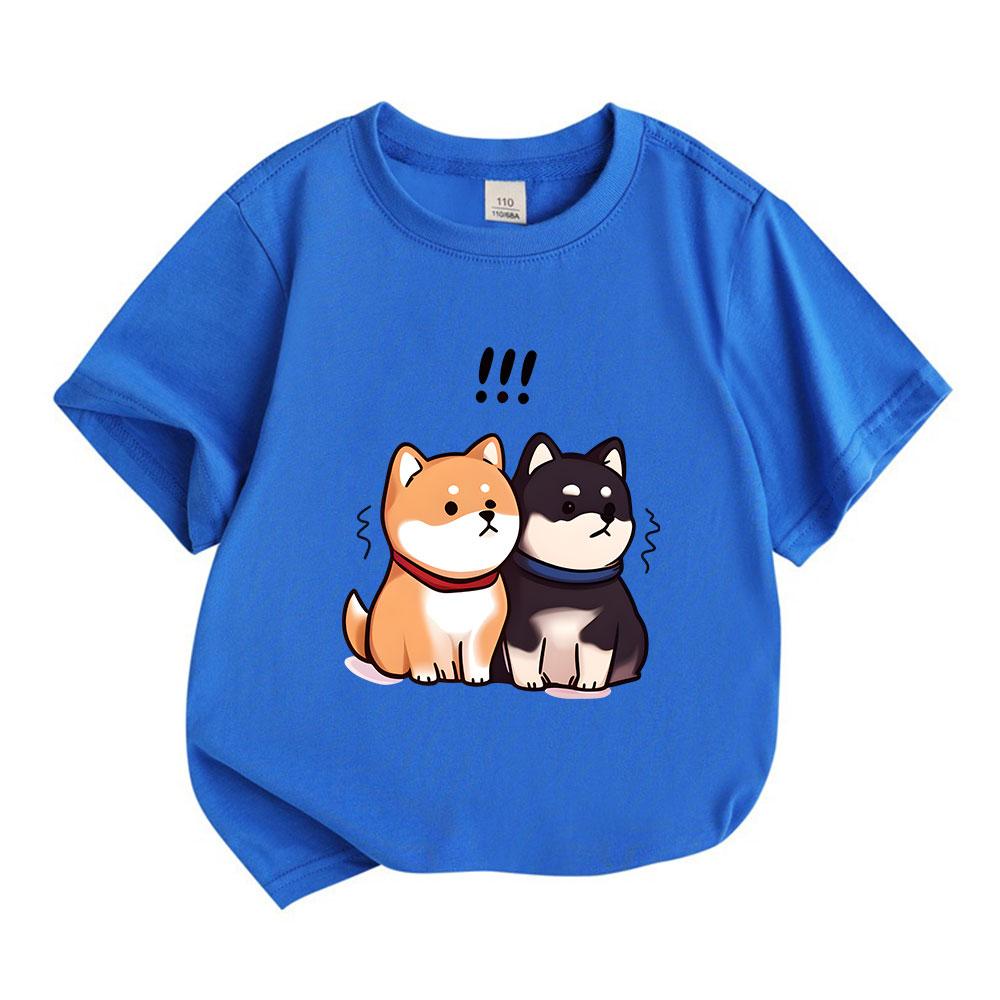 Kids Boys Girls Crew Neck Short Sleeve 100% Cotton T-shirt, Cute Cartoon Shiba Inu Couple Surprised Print Casual Soft Breathable Summer Tee for Childr