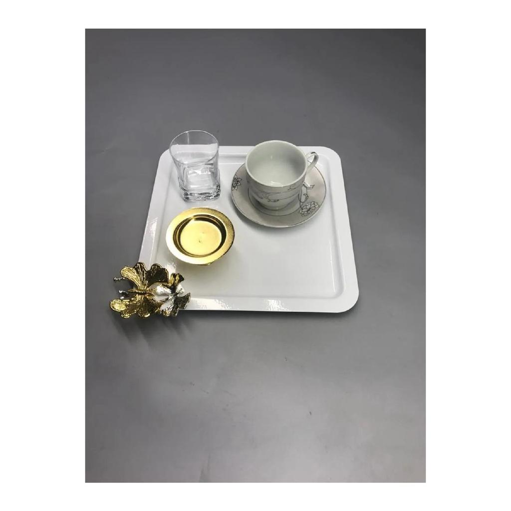 Quadratisches Serviertablett aus Edelstahl, 6-teilig, silberfarben, für Kaffee, Tee, dekorative Präsentation, mit luxuriösem Schmetterlings-Zubehör