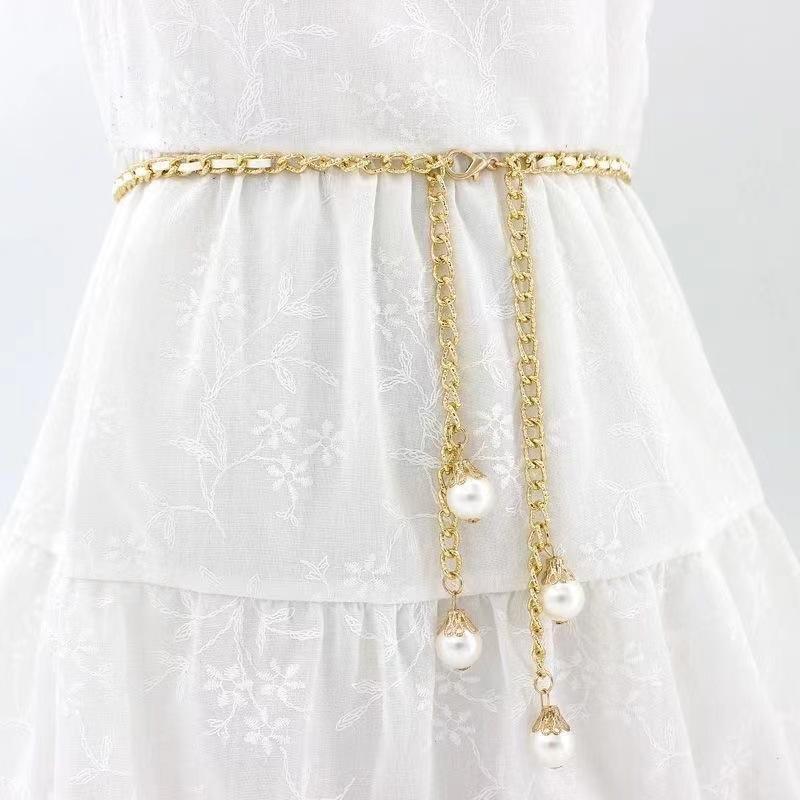 Pearl Thin Waist Chain Women's Decorative White Dress Belt Korean Version Simple and Fashionable Metal Belt Skirt Belt