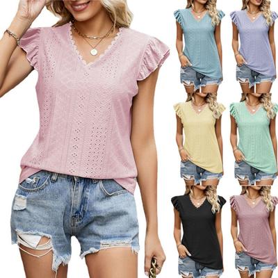 2026 Summer New Women's V-neck T-shirt with Hollow Out Short Sleeves Casual Top