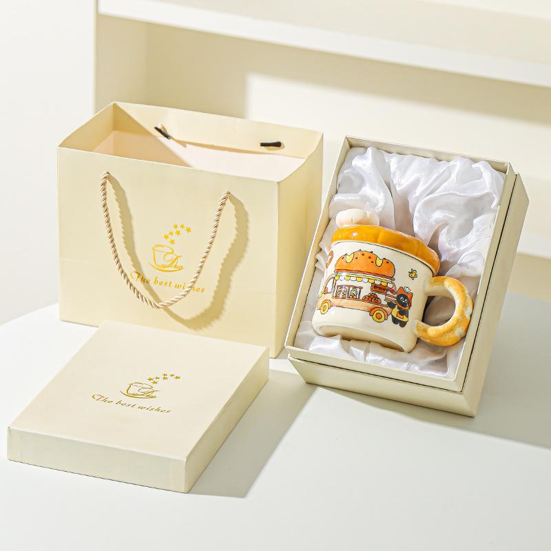 Korean Creative Bread Mug Cartoon Cat Ceramic Cup with Lid Household Water Cup Birthday Gift Souvenir