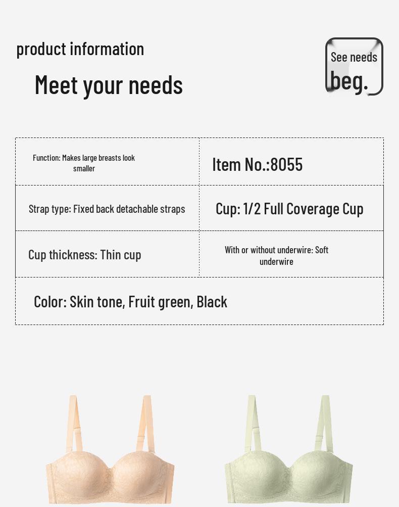 Strapless Non-Slip Push-Up Bandeau Bra with Light, Breathable Thin Cup for Larger Chests