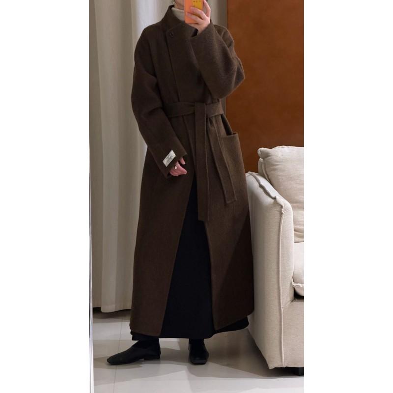 Womens Double-Faced Wool Alpaca Blend Long Coat With Oversized Notched Collar Slim Fit Winter Outerwear