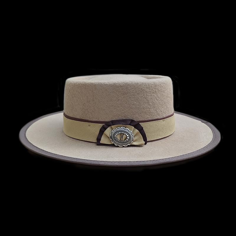 

European And American Fashion Pork Style Pure Wool Felt Hat, Webbing Decorative Wool Top Hat L（58-60cm） верблюд