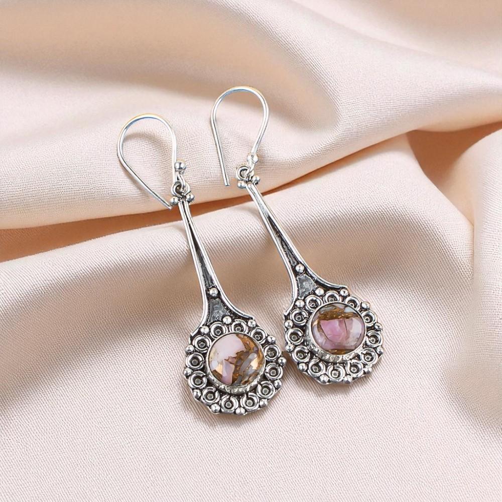 Pink Opal Copper Turquoise Gemstone 925 Sterling Silver Jewelry Earrings 2.52" EE-77-38