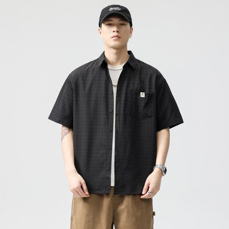 Summer Jacquard Plaid Work Shirt Style Men's Lapel Loose Casual Short-sleeved Shirt Men