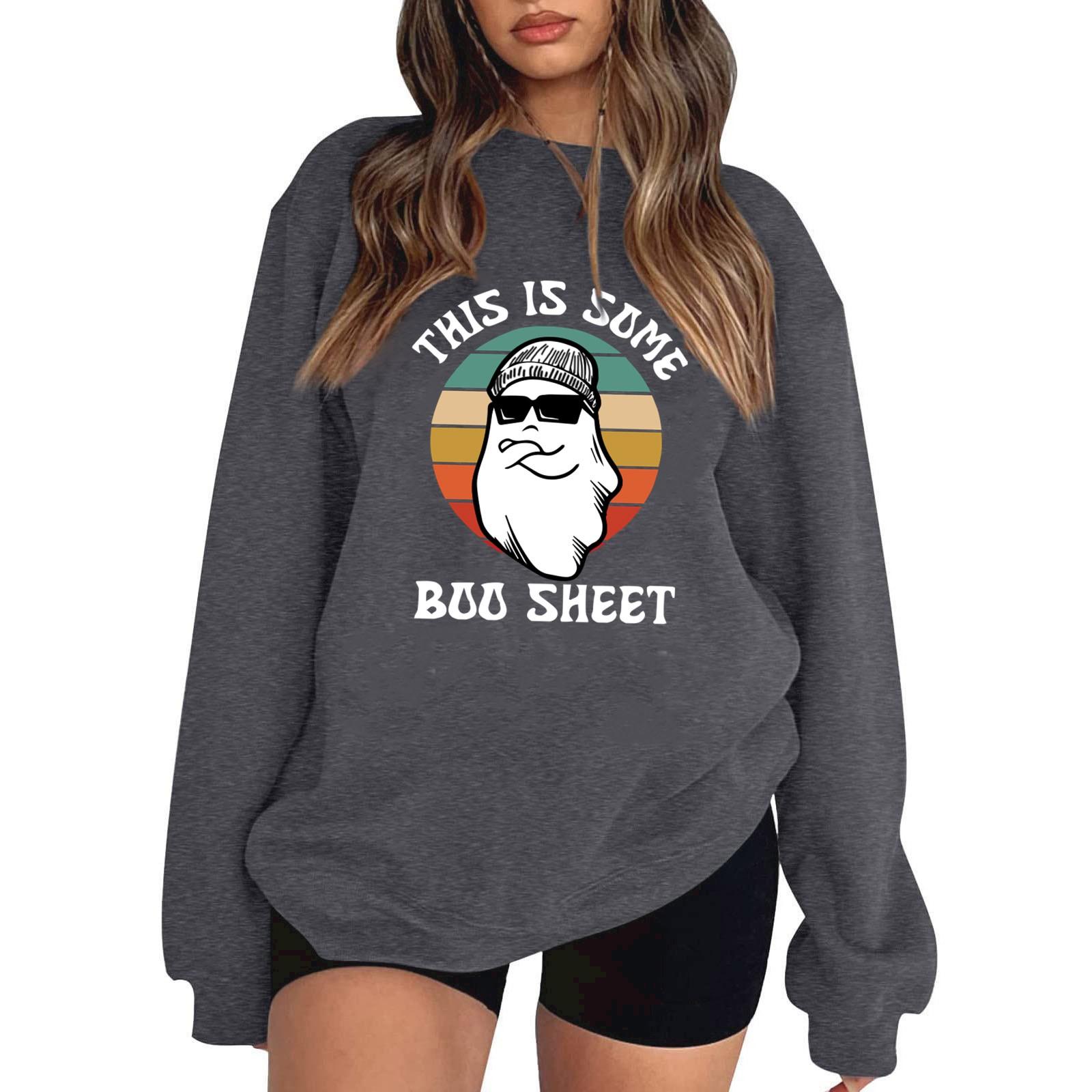 

Жіночий пуловер з принтом на Хеллоуїн, блуза з довгими рукавами, круглим вирізом і низькими плечима M