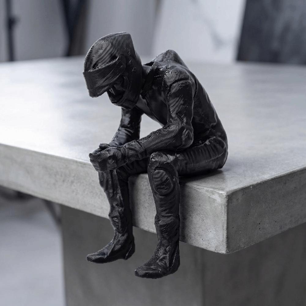 3D Printed Racing Style Seated Figurine Black Motorcyclist Art Statue Desktop Decor