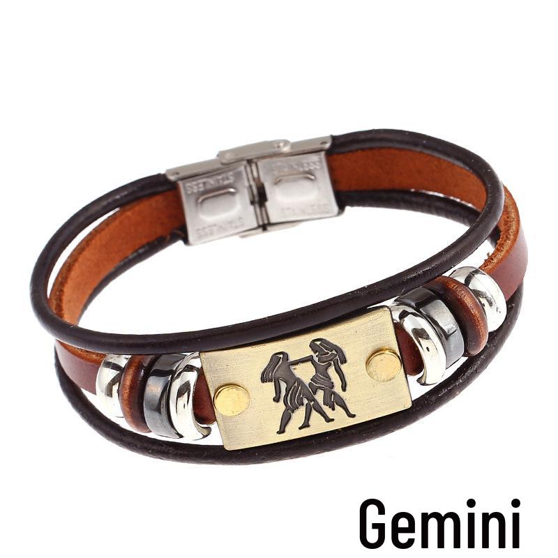 Twelve Constellations Cowhide Bracelet with Stainless Steel Buckle - Genuine Leather