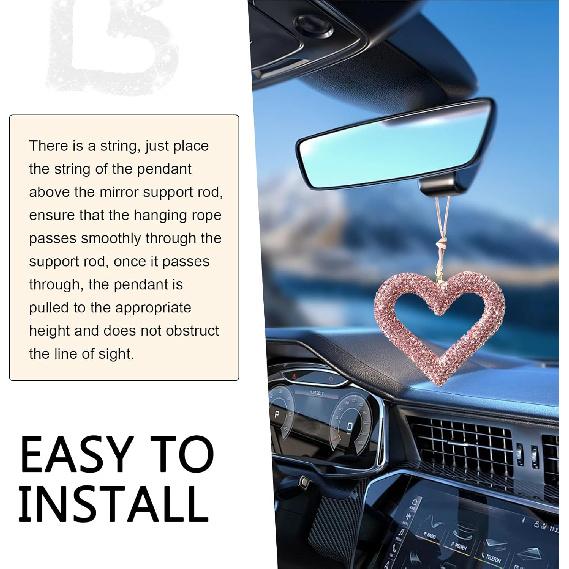 Bling Heart Car Hanging Accessories, Crystal Rhinestone Rearview Mirror Hanging Ornaments, Cute Diamond Rear View Mirror Charm Pendant Ornaments,