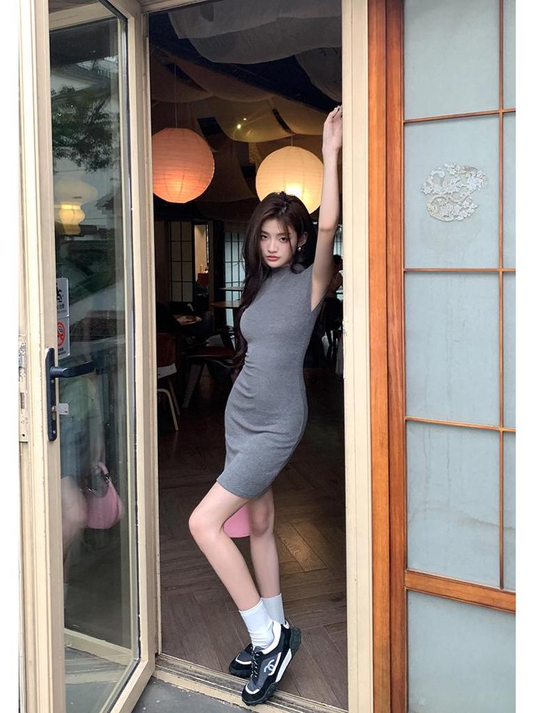 2026 Spring/Summer Elastic Half-High Collar Bodycon Dress - Hip-Hugging, Slimming Skirt for Women