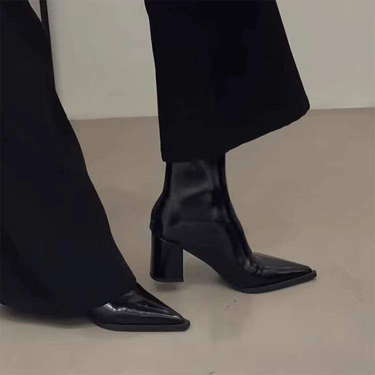 High-heeled short boots women's thick heel pointed rear zipper 2025 new autumn and winter versatile black Martin boots