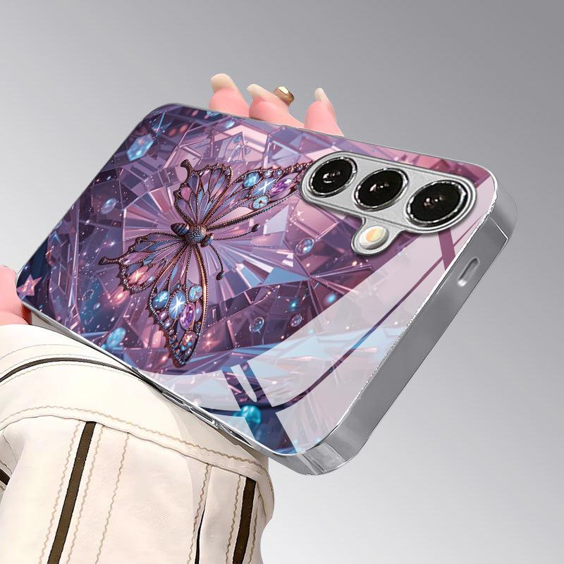 Diamond Butterfly Pattern 2D Phone Case for Samsung S26 S25 S24 S23 S22 S21 S20 A56 A36 A16 Electroplated Glass Protective Cover