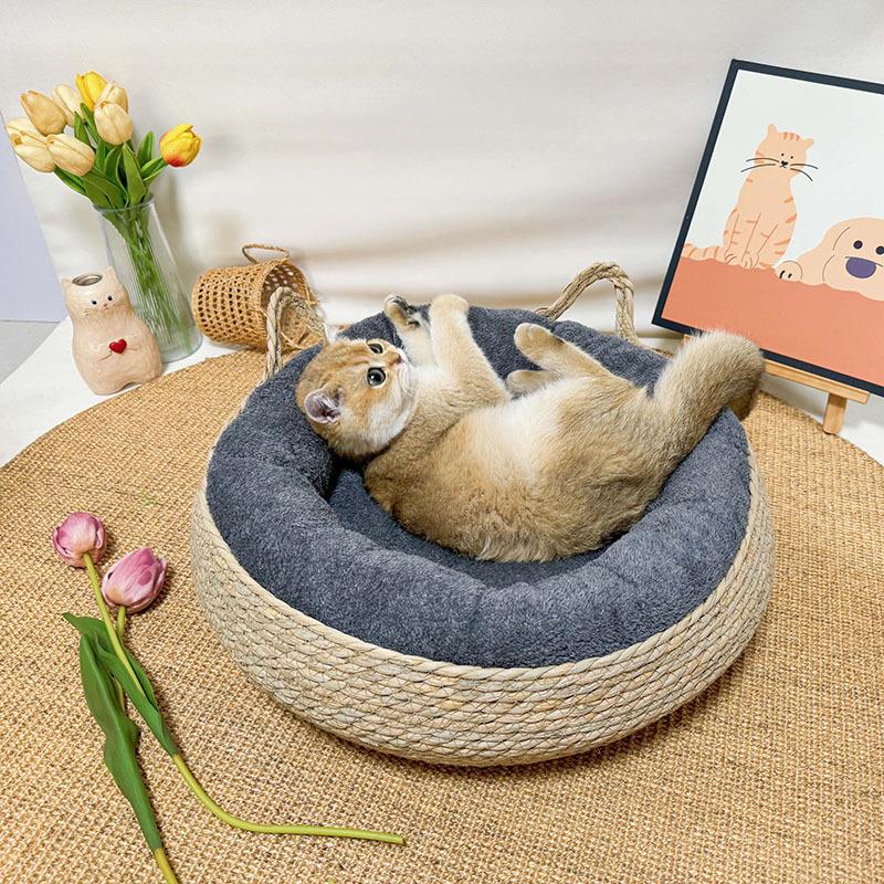 Woven Cat Bed Natural Cat Bed Straw Nest Woven Pet House Handmade Braided Cattail Leaf with Soft Cushion Mat