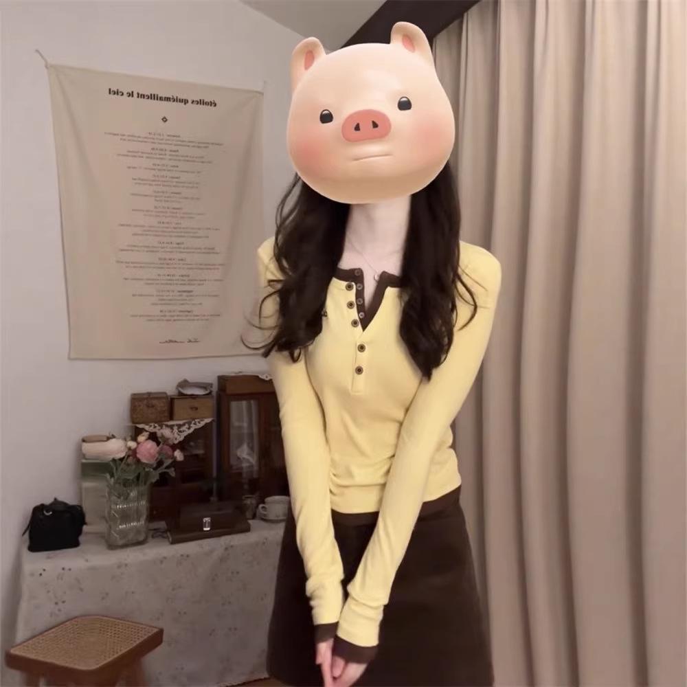 

Korean Style Yellow Fake Two-Piece Long-Sleeve Slim-Fit T-Shirt for Women - Spring Casual Design Extra Large жёлтый