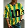 Men's Summer Casual Football Theme T-Shirt, Green and Yellow Vertical Stripes, Number Pattern Short Sleeve Shirt