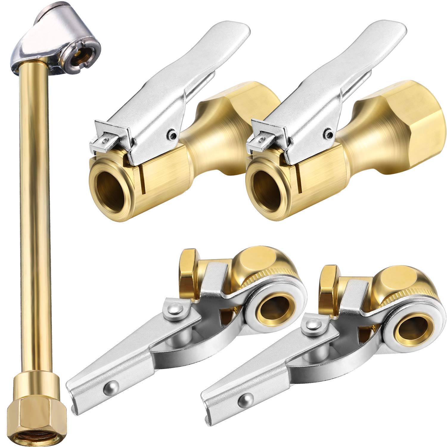 

Mudder 5 Pieces 1/4 Inch Air Chuck Set Including S690 Dual Head Air Chuck, Open Flow Chuck and Closed Flow Straight Tire Chuck with Clip for Tire