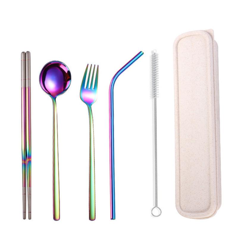 Flatware Dinnerware Travel 5pcs Camping Cutlery Set Fork Spoon Chopsticks Straw With Portable Case Stainless Steel Tableware Set