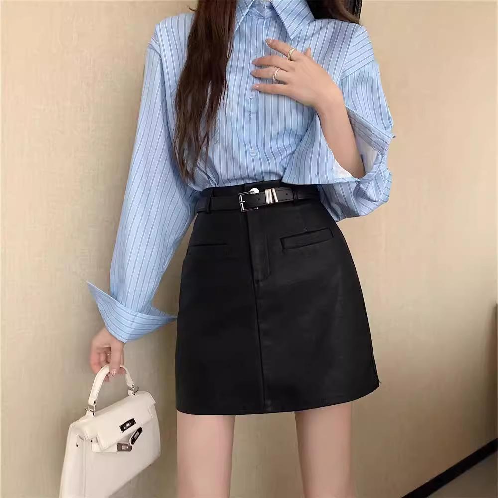 Khaki High-Waisted PU A-Line Mini Skirt - Slimming, Tummy-Covering, Autumn/Winter Bodycon Short Skirt