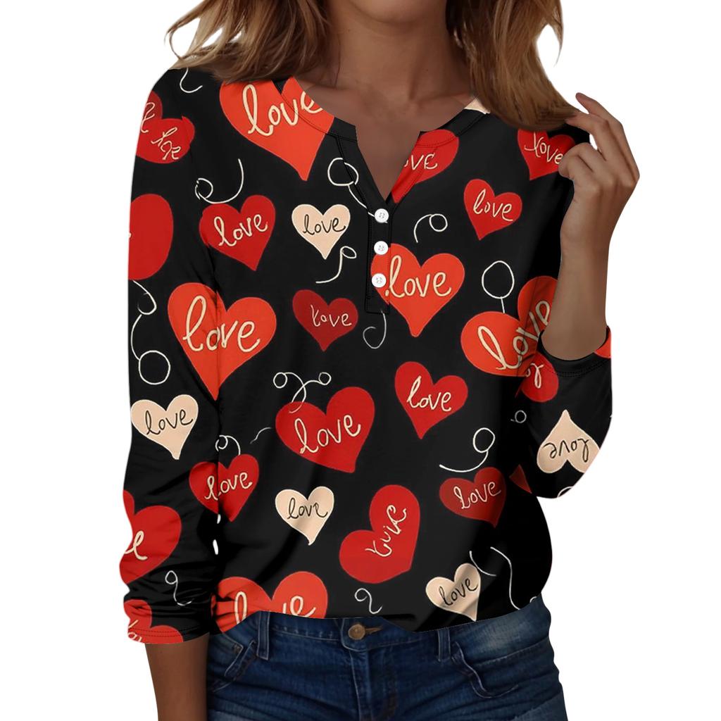 Damen T-Shirt mit Weihnachtsdruck, Knopfleiste, lange Ärmel, für den Alltag, Wochenende, modisch, Basic, V-Ausschnitt, normales Oberteil