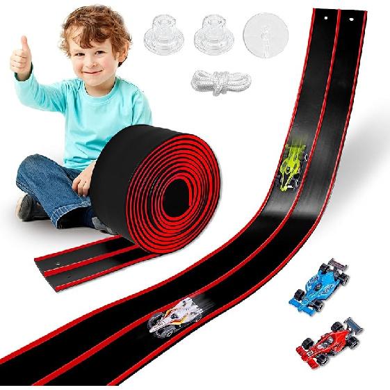 Flexibles Rennbahnspielzeug für Kinder 4,5 m mit 4 Autos & Saugnäpfen, Tragbare zweispurige Rennbahn kompatibel mit Hot Wheels & 1/64 Die-Cast-Autos,