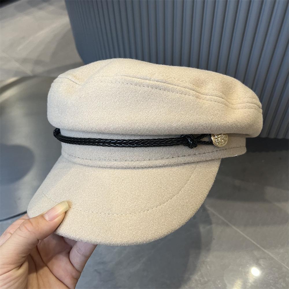 Octagonal Hat Children's Autumn and Winter Fashion Versatile Painter Hat British Retro Leather Rope Flat Top Hat