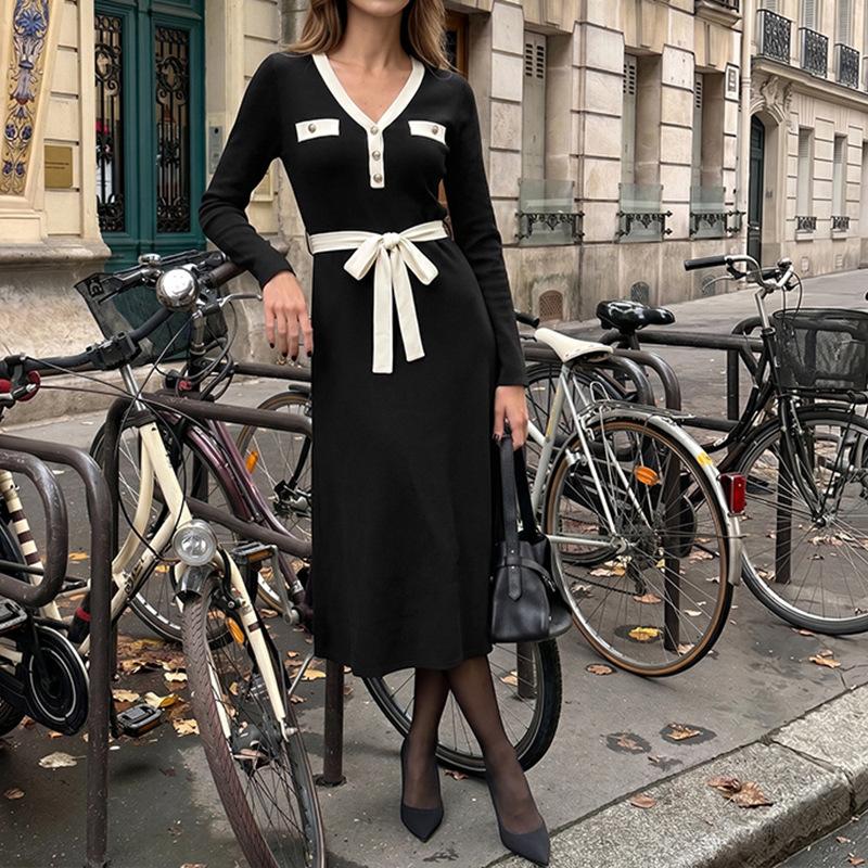 Women's Vintage Color Block V-Neck Knitted Midi Dress with Belted Waist for Spring and Autumn S-XL