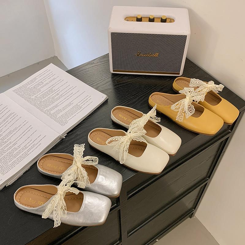 Lace strap bow bag head slippers women's outer wear spring and summer new square head flat soft bottom Mary Jane half drag
