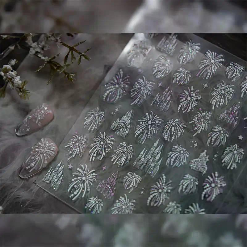Joli Château de Feux d'Artifice Coloré Scintillant Romantique Pyrotechnie Gaufrage Autocollants Auto-adhésifs pour Art des Ongles Nouvel An Decals Manucure