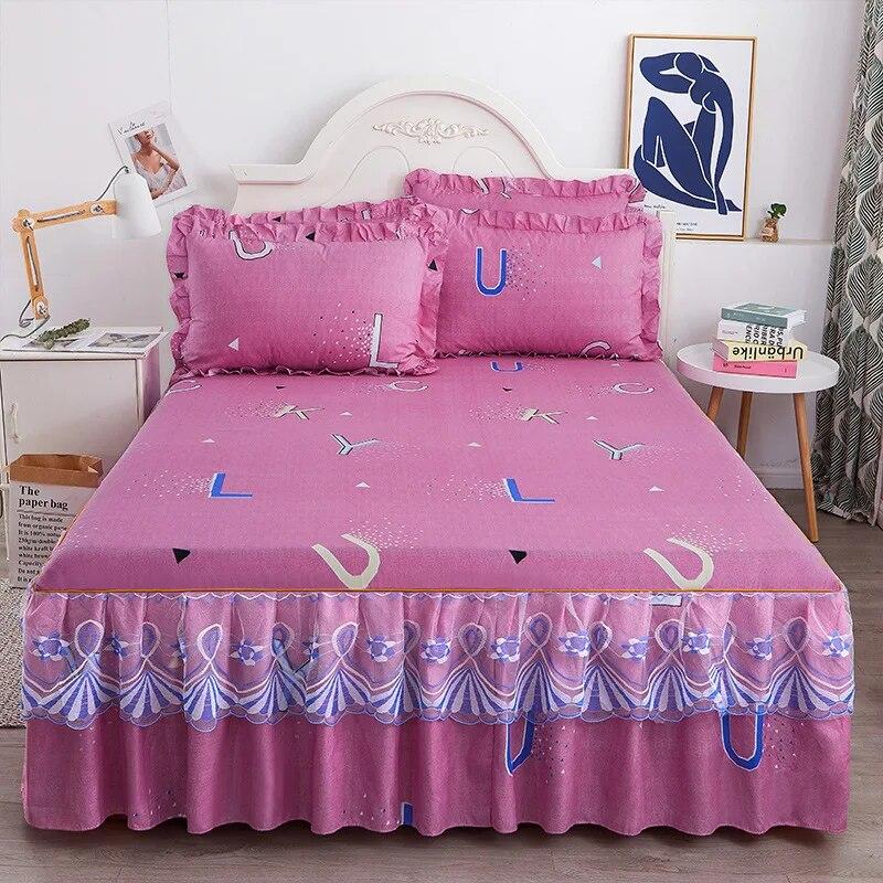 3pcs Set Skin-friendly Lace Bedspread Princess Double Layer Lace Bed Sheet Anti-slip Bed Cover with 2pcs Pillowcase