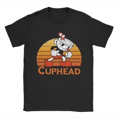 Cuphead Vintage Sonnenuntergang T-Shirt für Herren Cartoon Einzigartige Reine Baumwoll-Tees Rundhals Kurzarm T-Shirt Grafik-Tops
