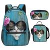 Classic Novelty Cool Cute Cat Pattern 3D Print 3pcs/Set Student School Bags Laptop Backpack Crossbody Lunch bag Pencil Case