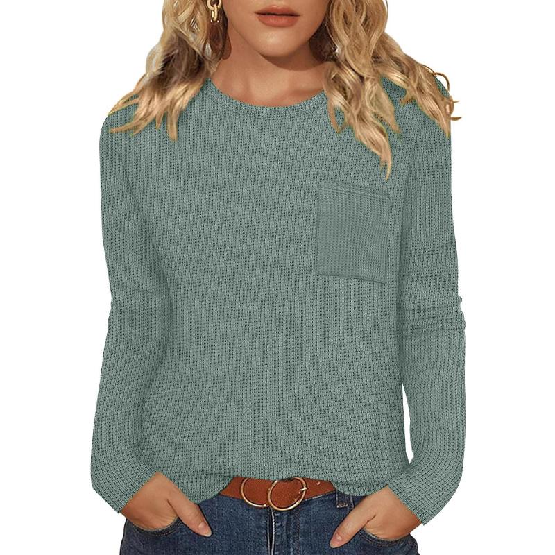 Women's Spring Autumn New Style Fashion Casual Versatile Pocket Long Sleeve T Shirt Solid Color Pullover Sweatshirt