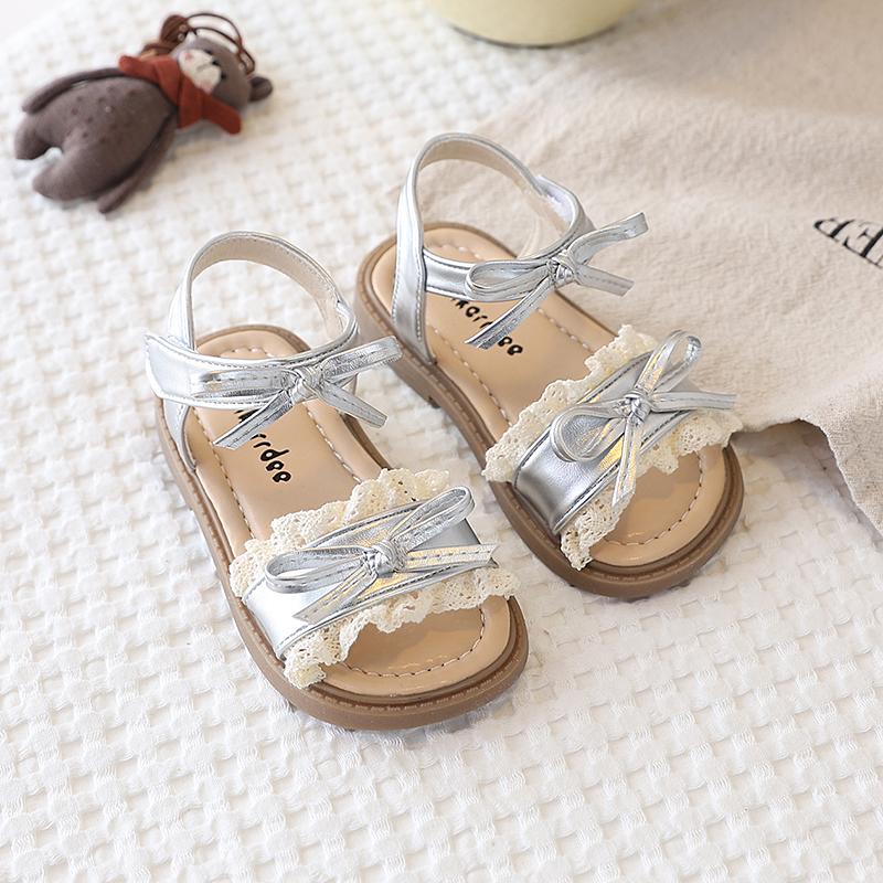 Girls' Sandals Super Pretty Lace-Edged Princess Shoes Soft Soles Fashionable Bow Beach Shoes Comfortable And Breathable