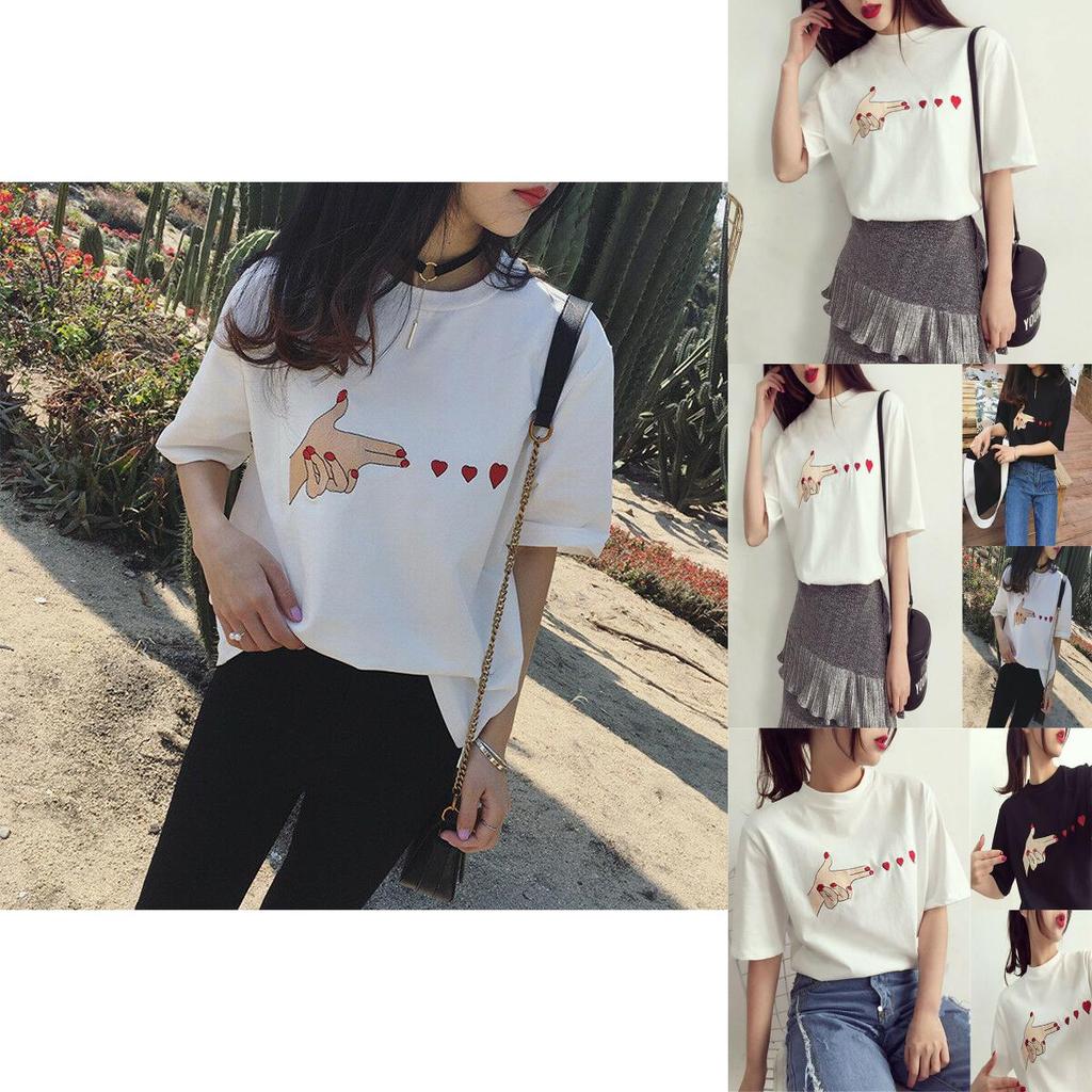 Fashion Women Girl Korean Summer Heart Print Casual T-shirt With Short Sleeves
